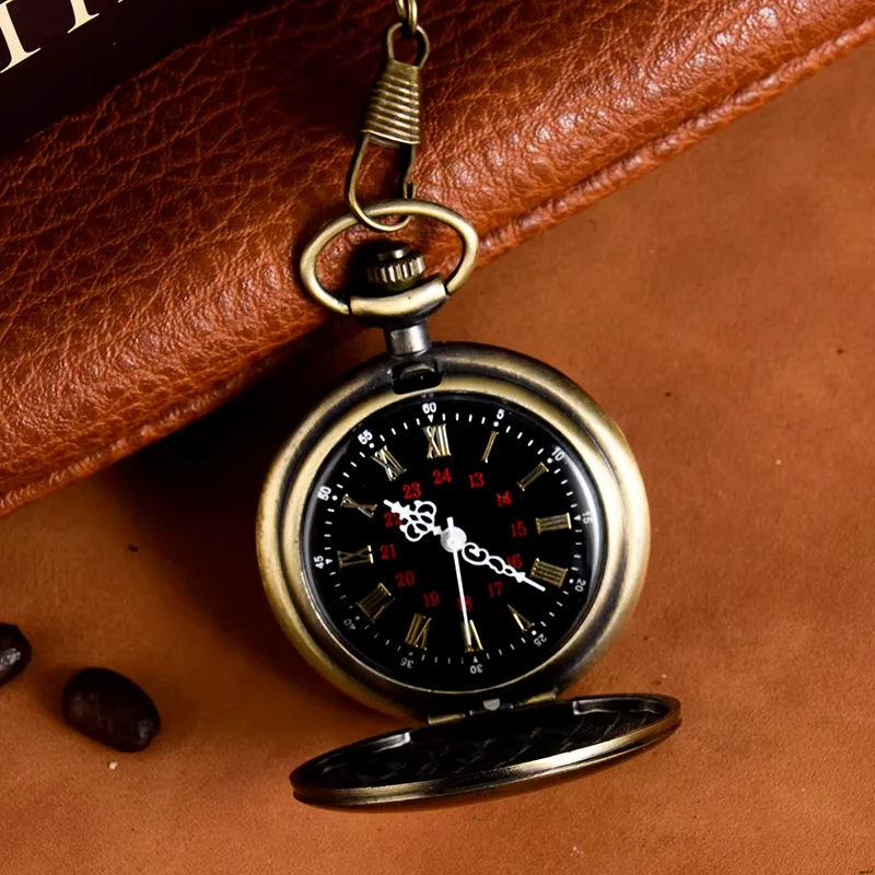 Ancient red pocket watch two-sided quartz watch Bronze Roman scale black pocket watch flip necklace hang watch