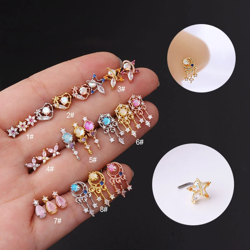 New 1Pcs 316L Surgical Stainless Steel Dangle Nose Studs Colorful CZ Indian L-Bend Helix Screw Nose Rings Nose Piercing Jewelry