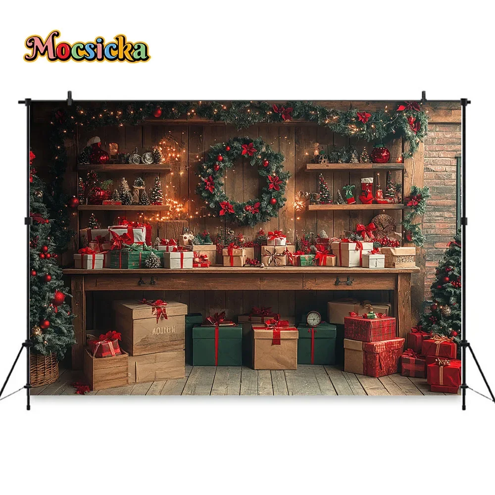 Santa Claus Workshop Photography Background Clock Wooden Gift Photobooth Xmas Wreath Backdrop Winter Kids Birthday Photo Studio