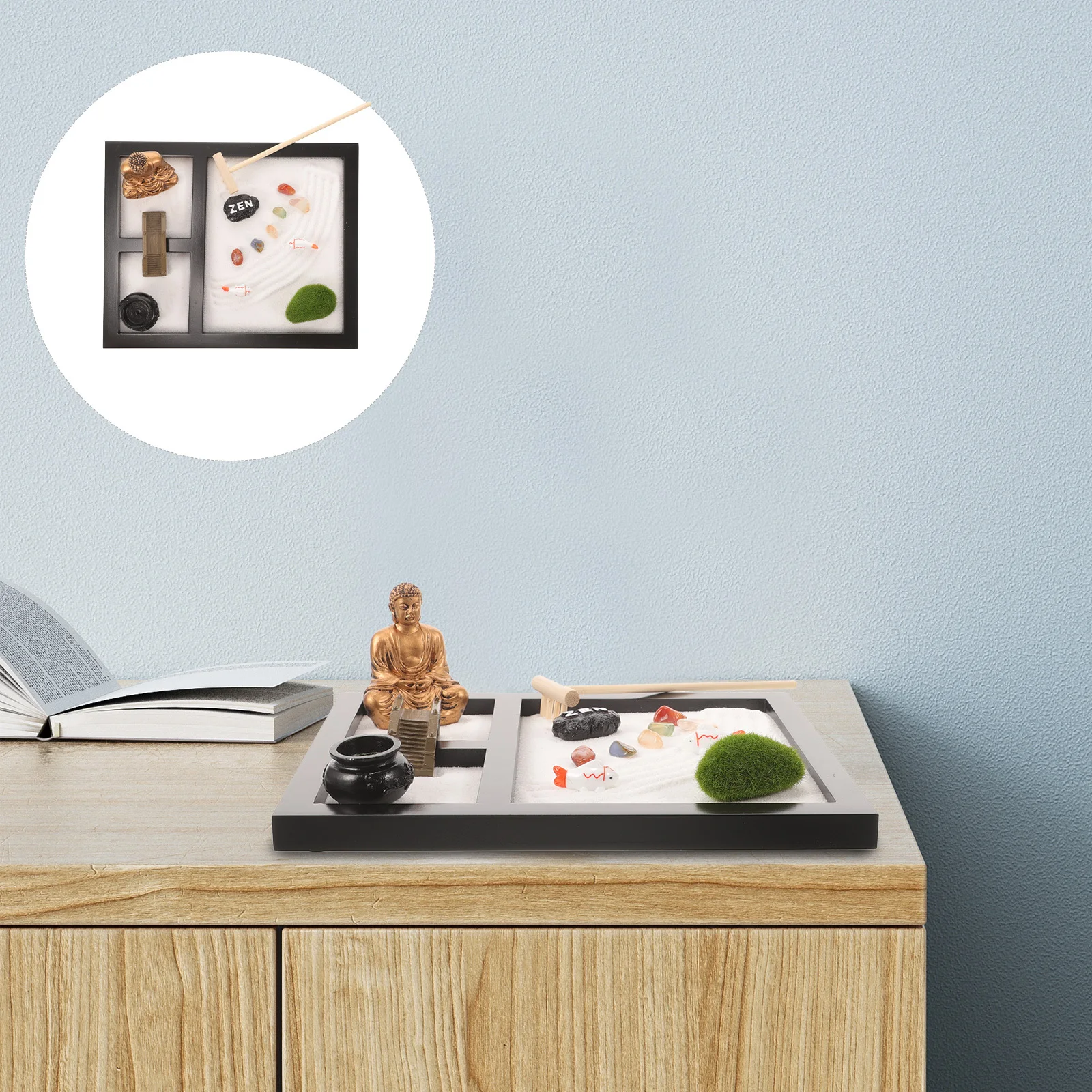 Kit Taman Zen Ornamen Meja Pasir Kayu untuk Dekorasi Kotak Pasir Meja Alat Seni Meditasi Dekorasi Rumah Kantor Lanskap Dekoratif