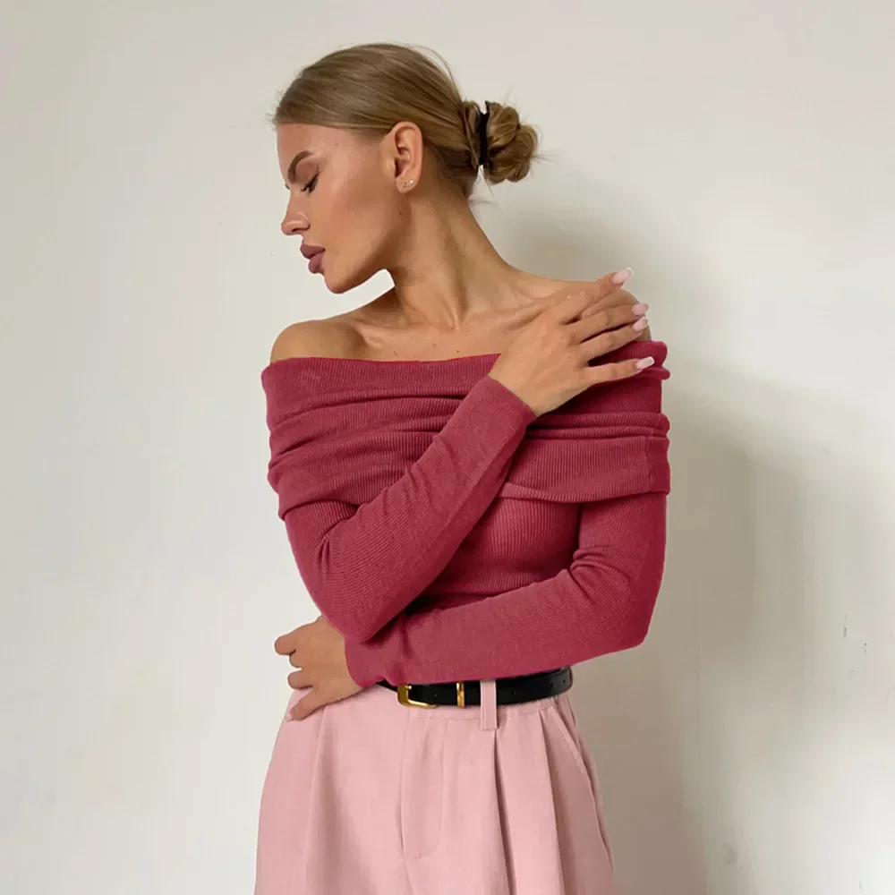

Knitted Tops Slash Neck Sexy Long Sleeved Women's Slim Tops Pupploers Sweater Women