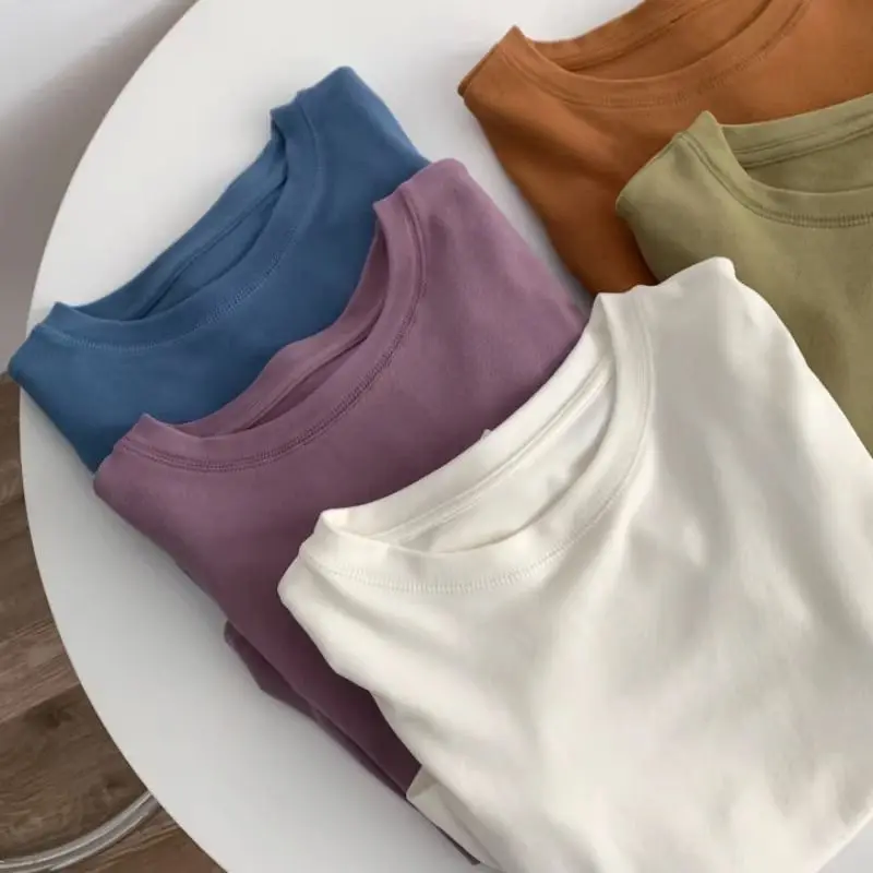 Thickened Fleece Long Sleeve round Neck Thermal T-Shirt Women's Soft Candy Color Crew Neck Sweatshirt Commute Style Korean Ve...
