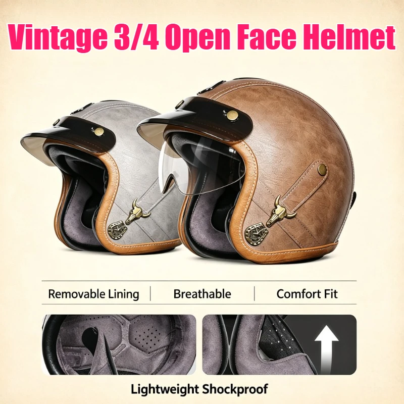 Vintage Motorcycle 3/4 Helmet Open Face Scooter Helmet With Goggles For Men Women Riding Commuter Safe Comfort Lightweight