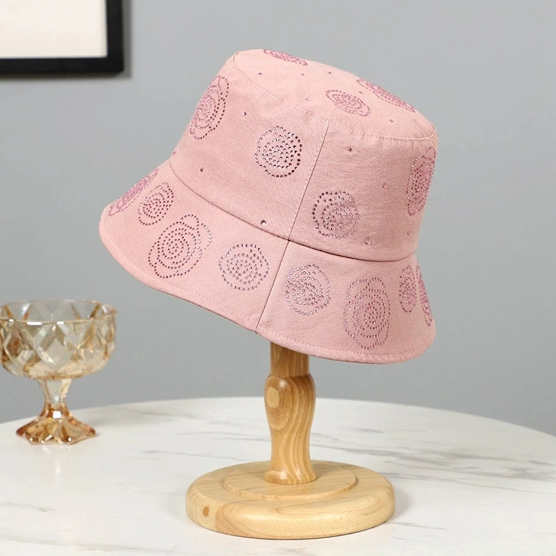 Women Spring & Summer Rhinestone Rose Bucket Hat Large Sun Protection Cap Casual Fisherman Hats