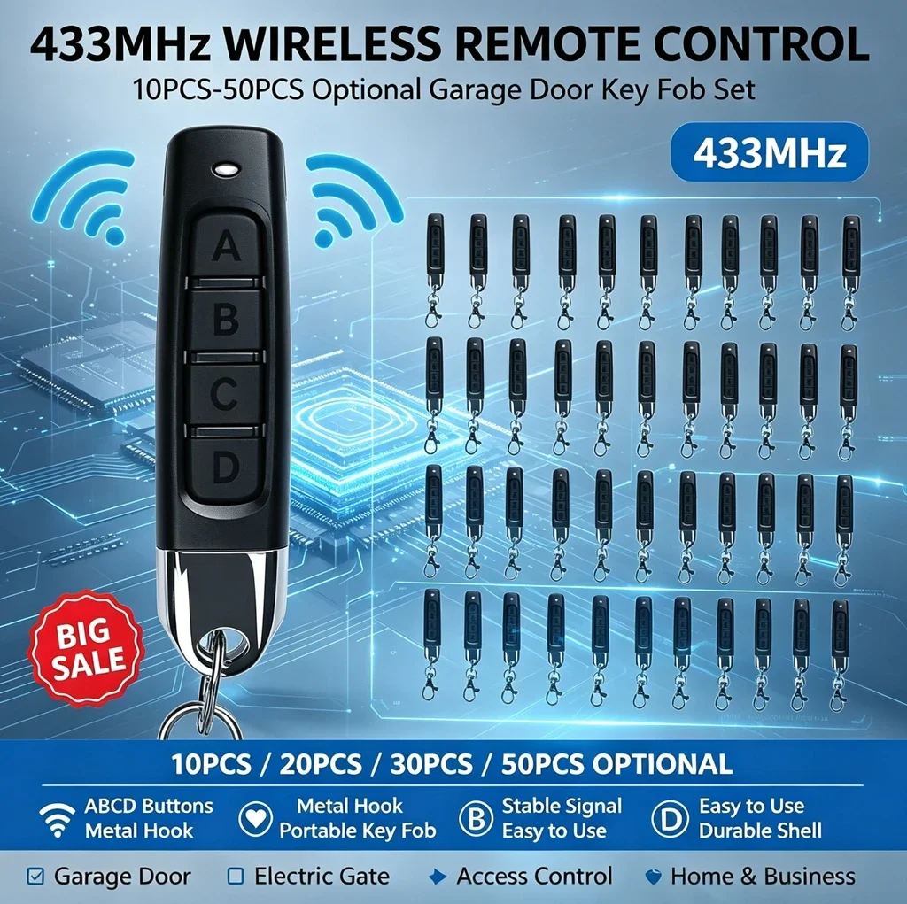 50-10PCS Remote Control 433MHz Car Key Garage Door Gate Opener Remote Control Duplicator Clone Cloning Code 4-Button Transmitter