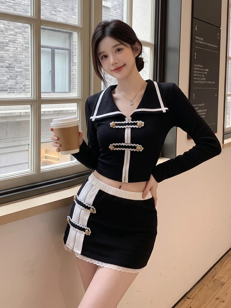 Korean Fashion Spicy Girl Style Collar Color Block Short Irregular Long Sleeve Top And Half Body Skirt Two Piece Set