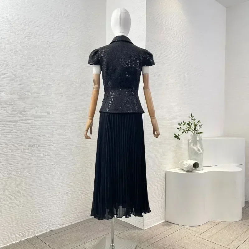 Womne's Black Short Sleeve Sequin Elegant High Quality Attractive Turn Down Collar Diamonds Bow Lace Pleat Midi Dresses