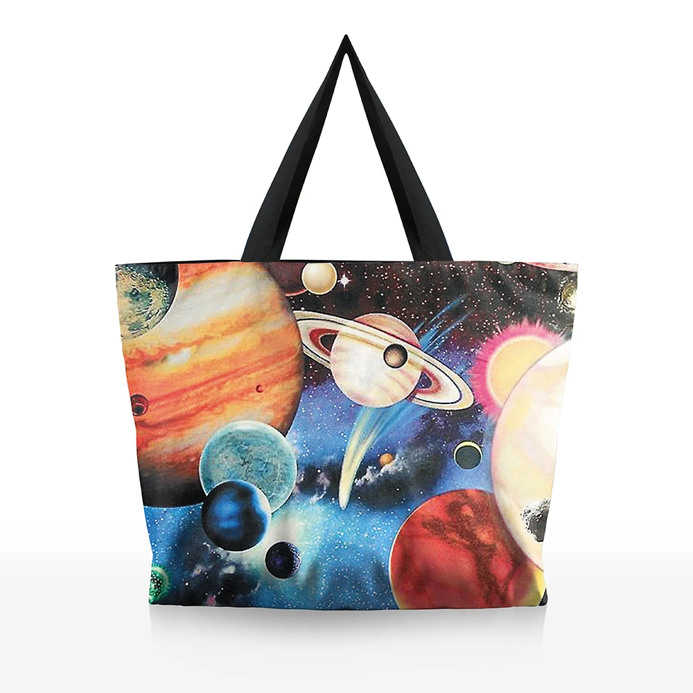 Cosmic Planets Starry Sky Saturn Cat 3D Printing Large Capacity Reusable Canvas Shoulder Bag Casual Tote Handbag