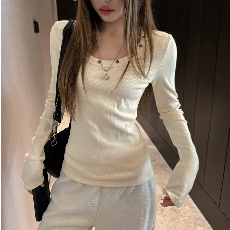 Women's Round-Neck Studded Long-Sleeve T-Shirt Straight Shoulders Innerwear Outerwear Slim-Fit Stretchy Soft Versatile Top