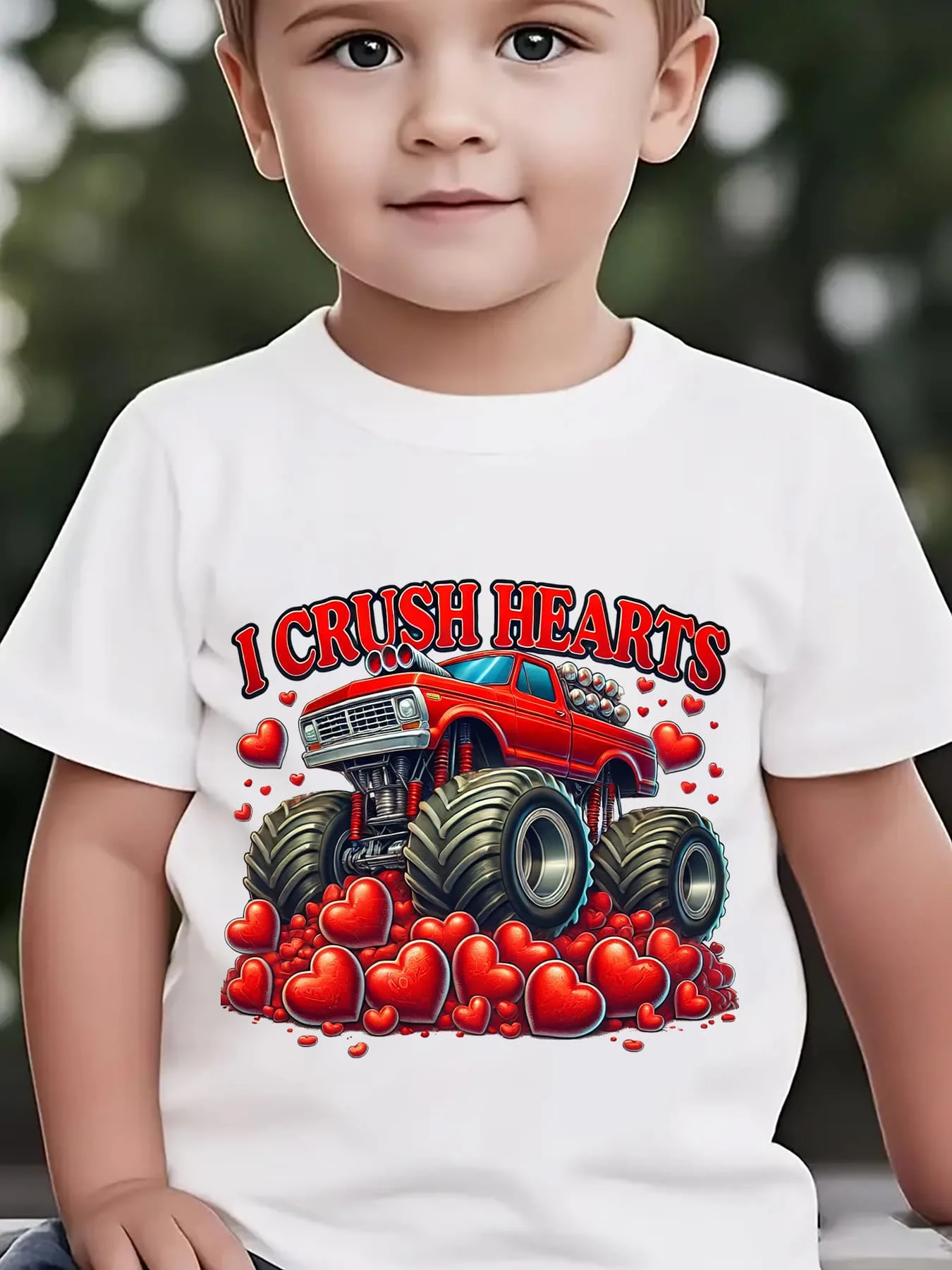 Kids Boys Girls Family Matching T Shirt I Crush Hearts Monster Truck Print Short Sleeve Tee Casual Parent Child Daily Party Tops