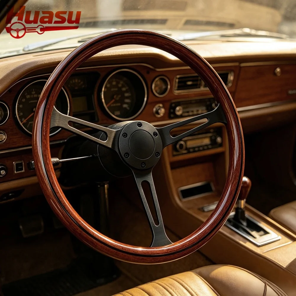 Huasu Big Hole Black Spoke Classic Wood Look Racing Steering Wheel 15inch 380mm Concave ABS Grip Car Accessories