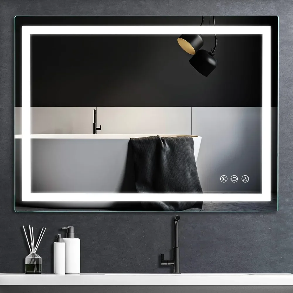 

With Anti-fog Mirror with Light 36x28 Inches LED Illuminated Bathroom Mirror Memory Function Makeup Mirrors Backlight The Wall.