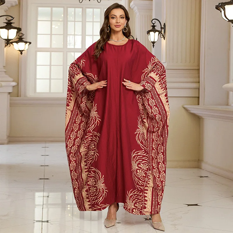 Muslim Women Kaftan Beach Cover‑up O‑Neck Batwing Sleeve Maxi Caftan Vintage Print Loose Long Dress Swim Cover Up Holiday Robe