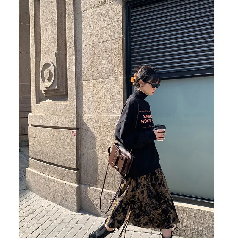 Women Vintage Split Skirt Female High Waist 2024 Fall and Winter New Skirt Female All-match Mid-length A-line Large Swing Skirt