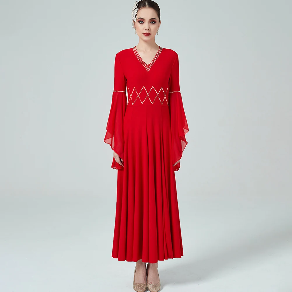 V-neck Standard Dance Competition Dress Red Rhinestones Black Flamenco Skirts Rhinestone Lotus Sleeve Woman Ballroom Dress Waltz