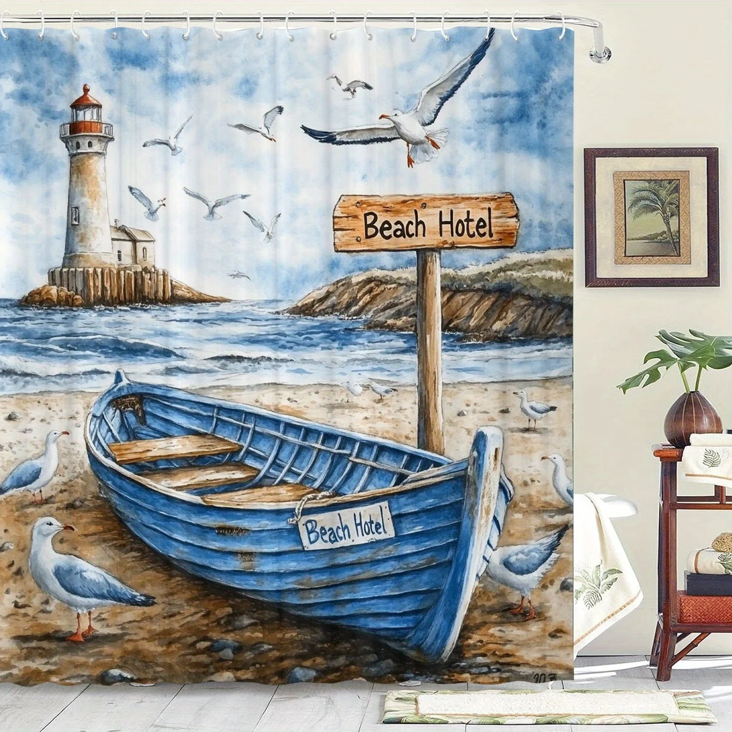 Duschvorhang mit geflochtenem Bootsmuster, 12 Haken, geeignet für Zimmer, Zuhause, Hotel, maschinenwaschbar, Fenstervorhänge, Badezimmer, einteilig
