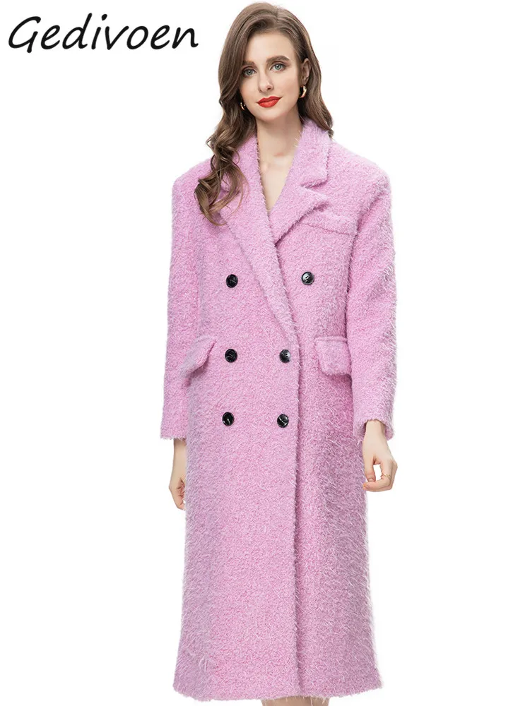 

Gedivoen Winter Fashion Designer Violet Elegant Blends Coat Women Lapel Long Sleeve Double Breasted Loose Slim Long Blends Coat