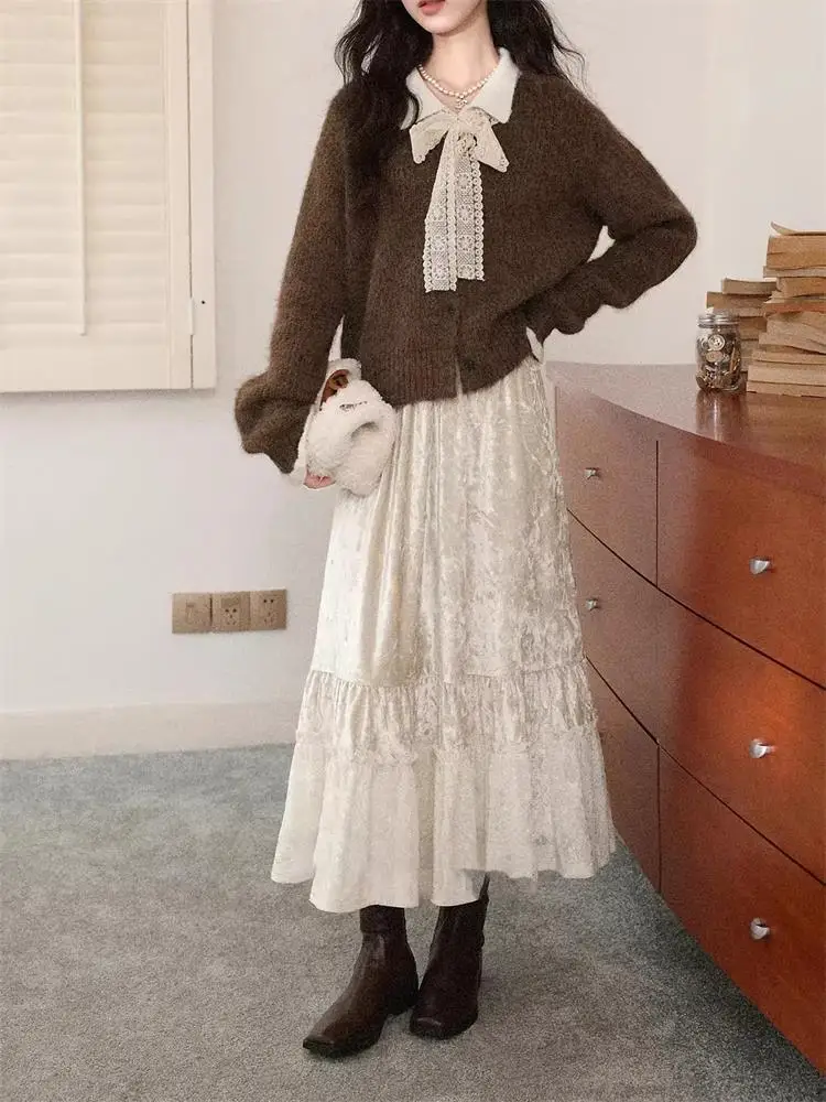 

Chestnut Velvet High Waist A-Line Skirt Women's Autumn Winter Spring New Sle Slimming f-length Skirt Cake Umbrella Skirt