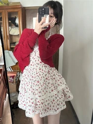 2024 Spring Sweet 2 Piece Dress Set Women Outwear Casual Elegant Knitted Cardigan + Floral Mini Dress Korean Fashion Suit Chic