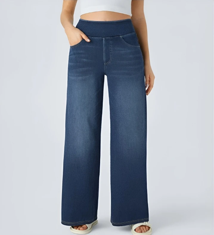 Jean en tricot extensible taille haute délavé pour femme, Baggy, jambes larges, avec plusieurs poches