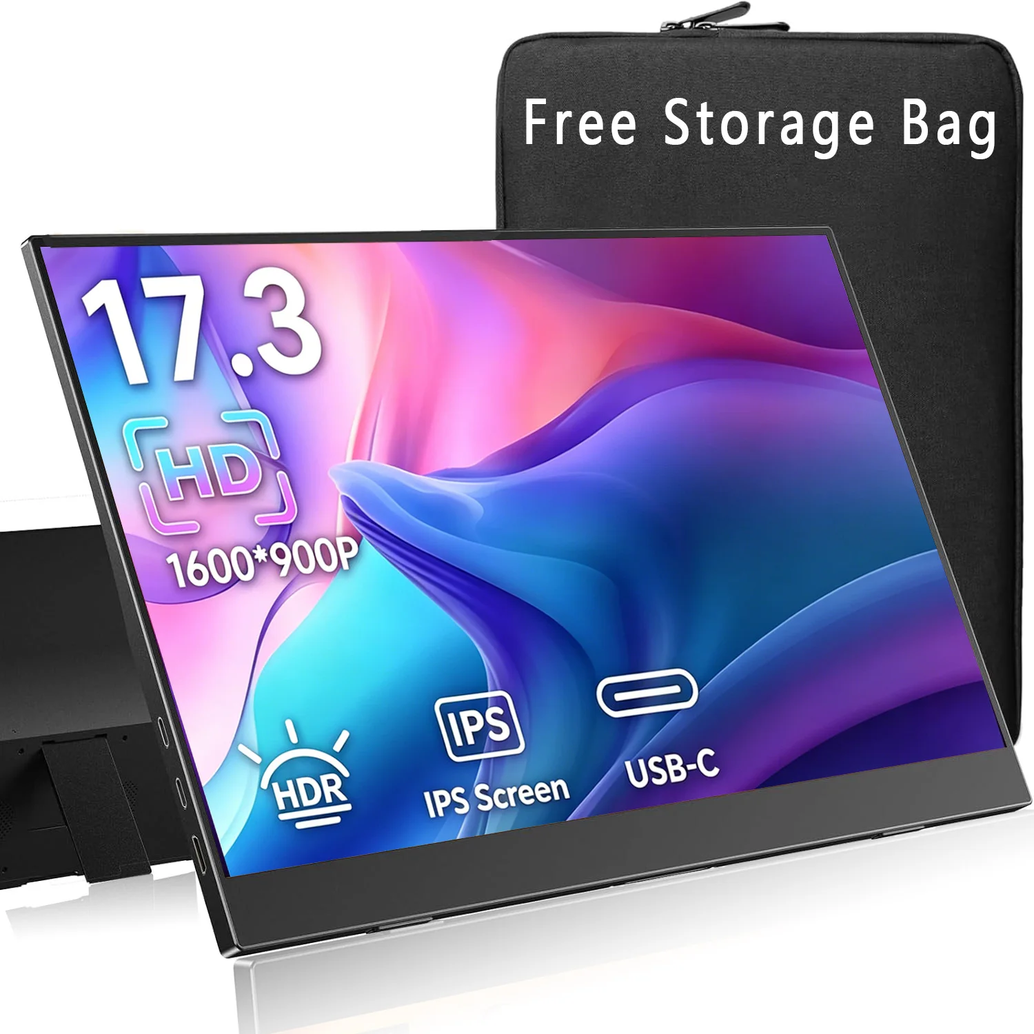 17.3 Inch Portable Monitor 1600*900 HD IPS Screen Ultra Slim Lightweight Type-C HDMI External Secondary Display for Laptop Phone
