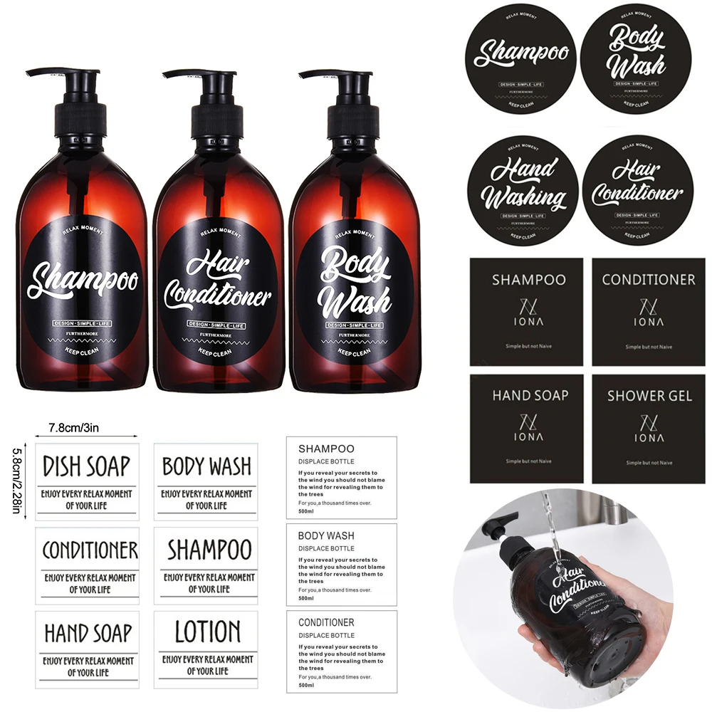 Shampoo Bottle Label Sticker Soap Dispenser Sticker Set Waterproof Unique Bottle Stickers Removable Shampoo Conditioner Labels