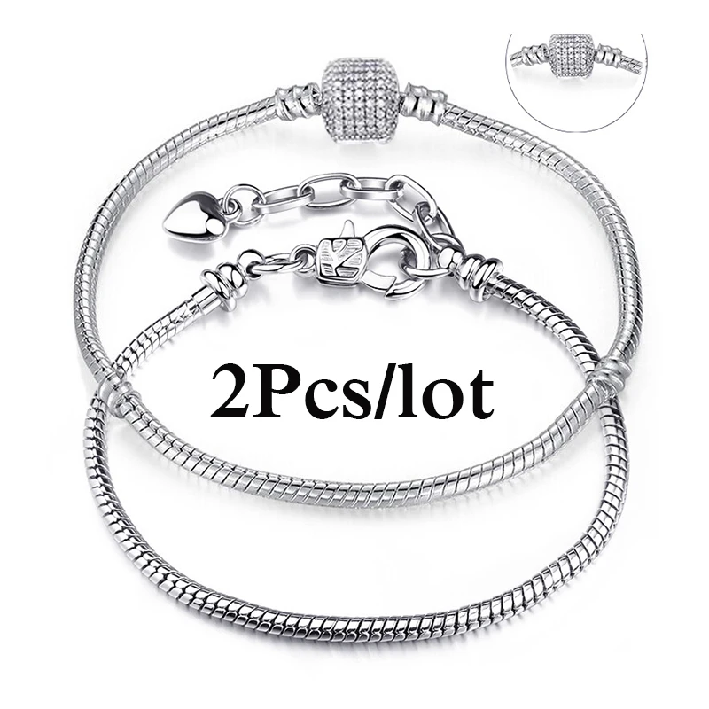 2Pcs/Lot Special Offer Silver Color Snake Chain Charm Bracelets DIY Original Brand Bracelet For Women Men Jewelry Dropshipping