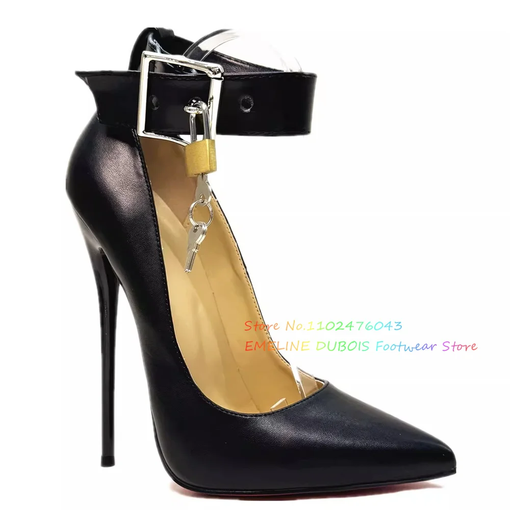 14/16cm Stiletto High Heels Matte Leather Pointed Shallow Mouth Shoes Women Wide Buckle and Lock Decor Nightclub Bed Men Shoes