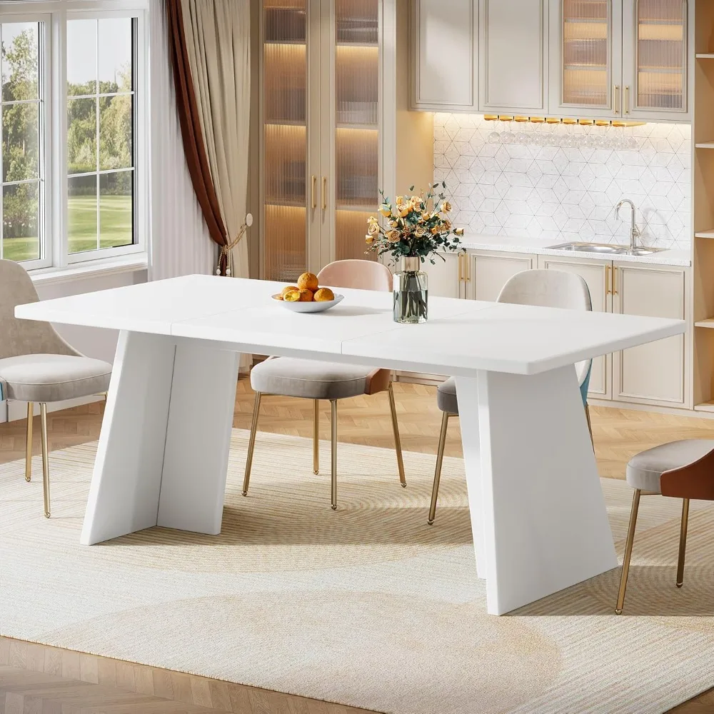 Modern Rectangular Dining Table by Tribesigns, 63 White Kitchen Table with Glossy Top and Strong Double Pedestal Base