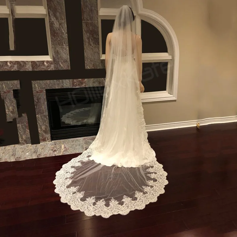 Laço casamento véu catedral marfim véu longo acessórios de noiva casamento nupcial applique laço branco casamento topos feminino