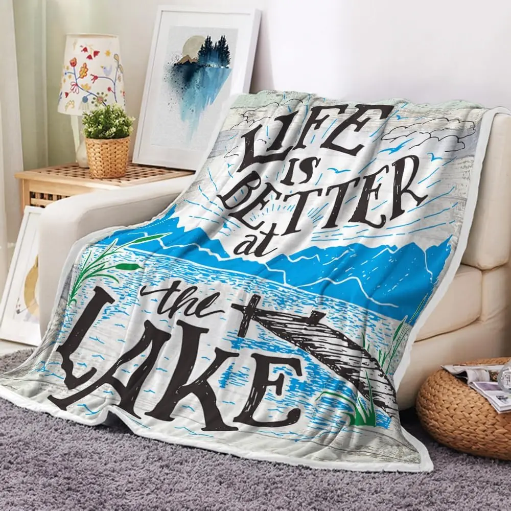 Blue Lakeside Cabin Throw Blankets,Soft Cozy Flannel Life is Better at The Lake Wooden Pier Plants Art Print Warm Bed Blanket fo