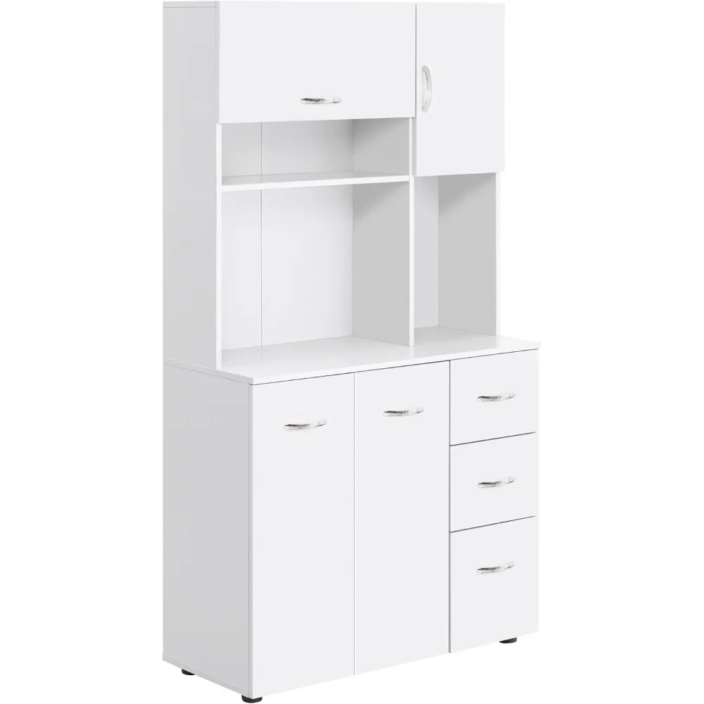 

66" Buffet with Hutch, Freestanding Kitchen Pantry with 2 Large Cabinets, 1 Pull Up Cabinet, 3 Drawers & Wide Countertop, White