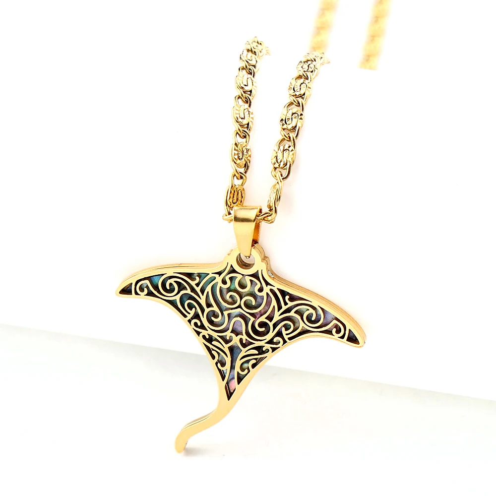 Manta Ray Sea Devil Fish Abalone Shell Pendant Necklace For Women Men Stainless Steel Gold Color Ocean Animal Chain Jewelry