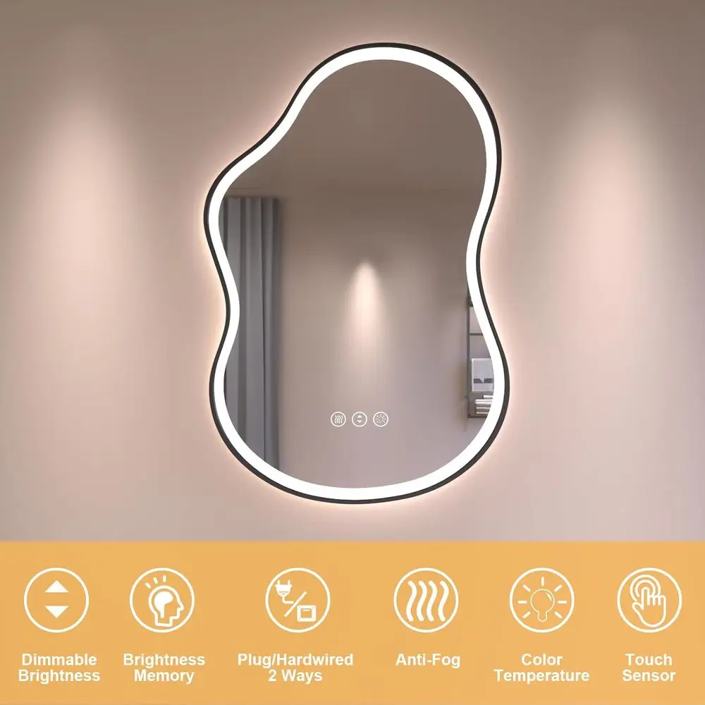 Miroir de salle de bain LED 20 x 36 pouces avec design asymétrique, antibuée, intensité variable en 3 couleurs, verre incassable, horizontal/vertique