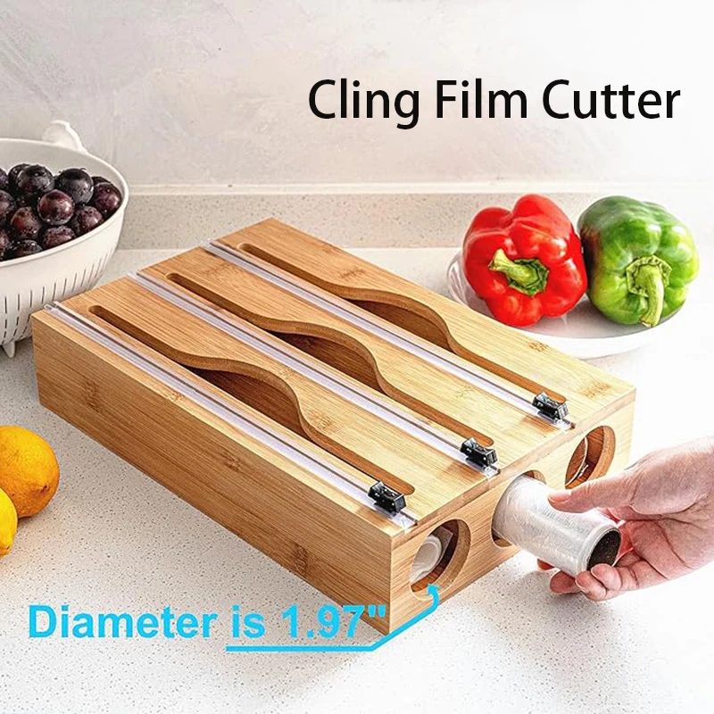 3 In 1 Bamboo Foil Cling Film Cutting Box Wall Mounted Storage Bag Organizer Household Kitchen Packaging Distributor Cutting Box