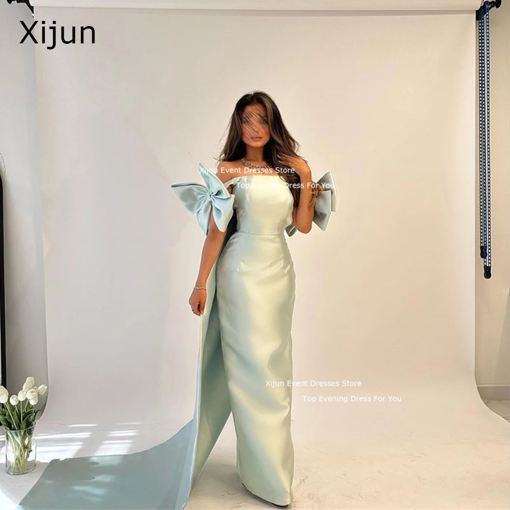 Xijun Mint Green Satin Mermaid Evening Dresses Saudi Arabric Prom Dresses With Bow Sleeves Formal Prom Gowns Dubai Occasion 2024