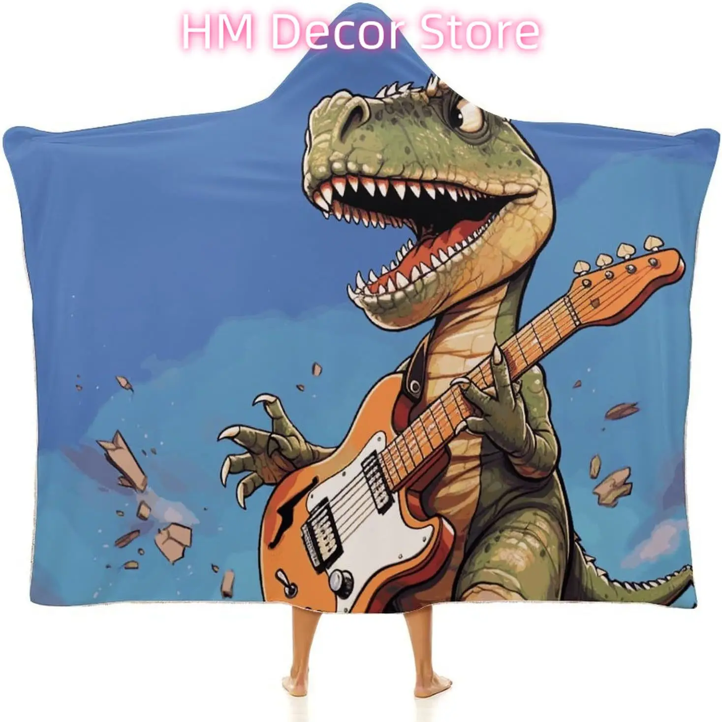 Dinosaur Playing Guitar Wearable Hooded Blanket, Ultra Soft Arctic Velvet Cape Cloak Unisex - Cozy Wearable Blanket 50