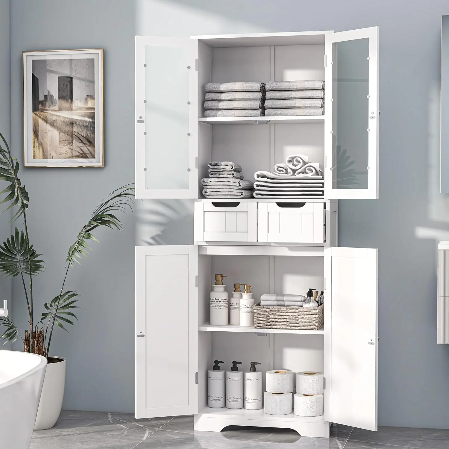 Tall Bathroom Storage Cabinet Freestanding Bathroom Cabinet With Glass Doors Shelves Large Bathroom Cabinet Frame With Drawers For Living Room Dining Room Office White view 3