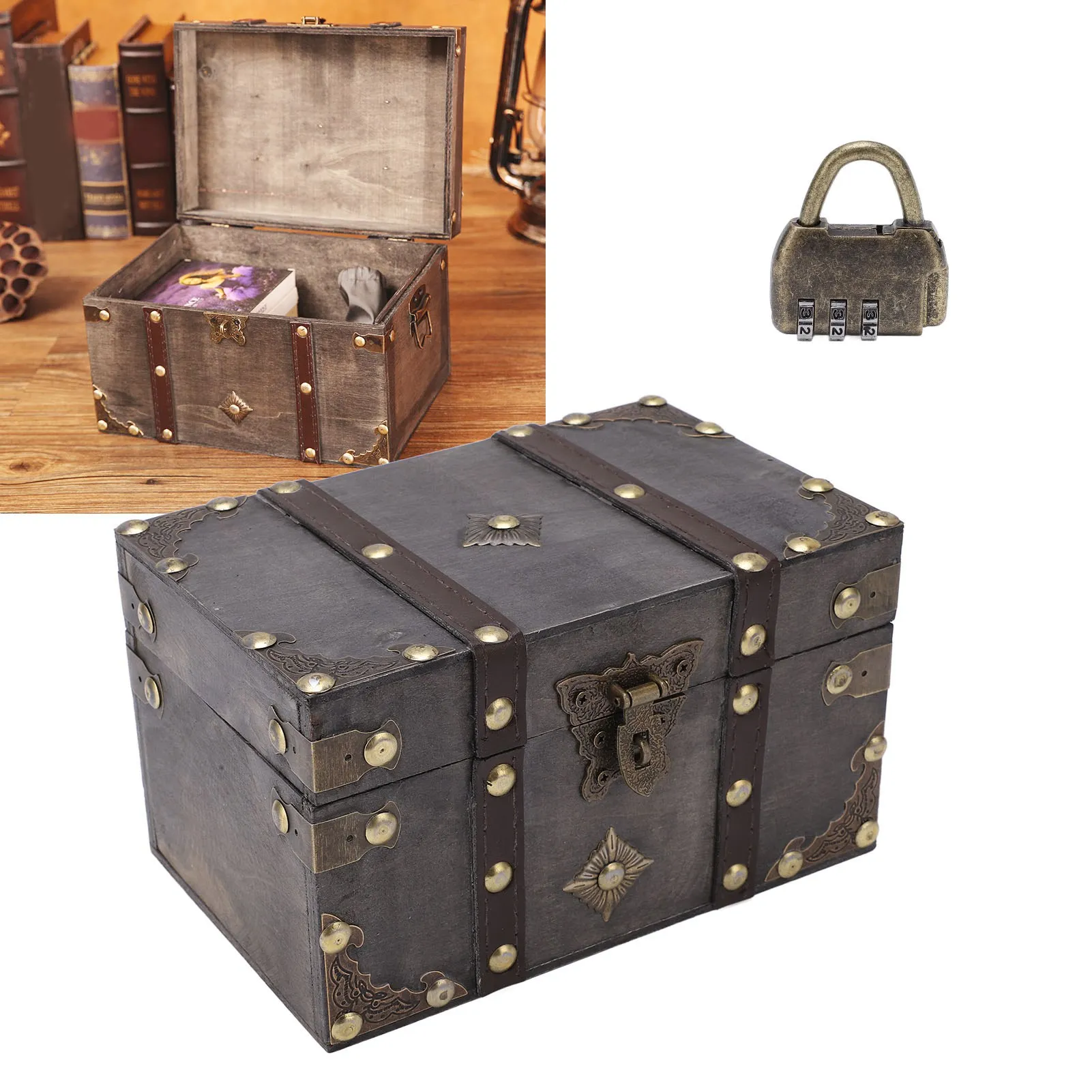 Wooden Treasure Chest Vintage Style Coded Lock Alloy Tipping Durable Wood Wide Application Vintage Jewelry Box