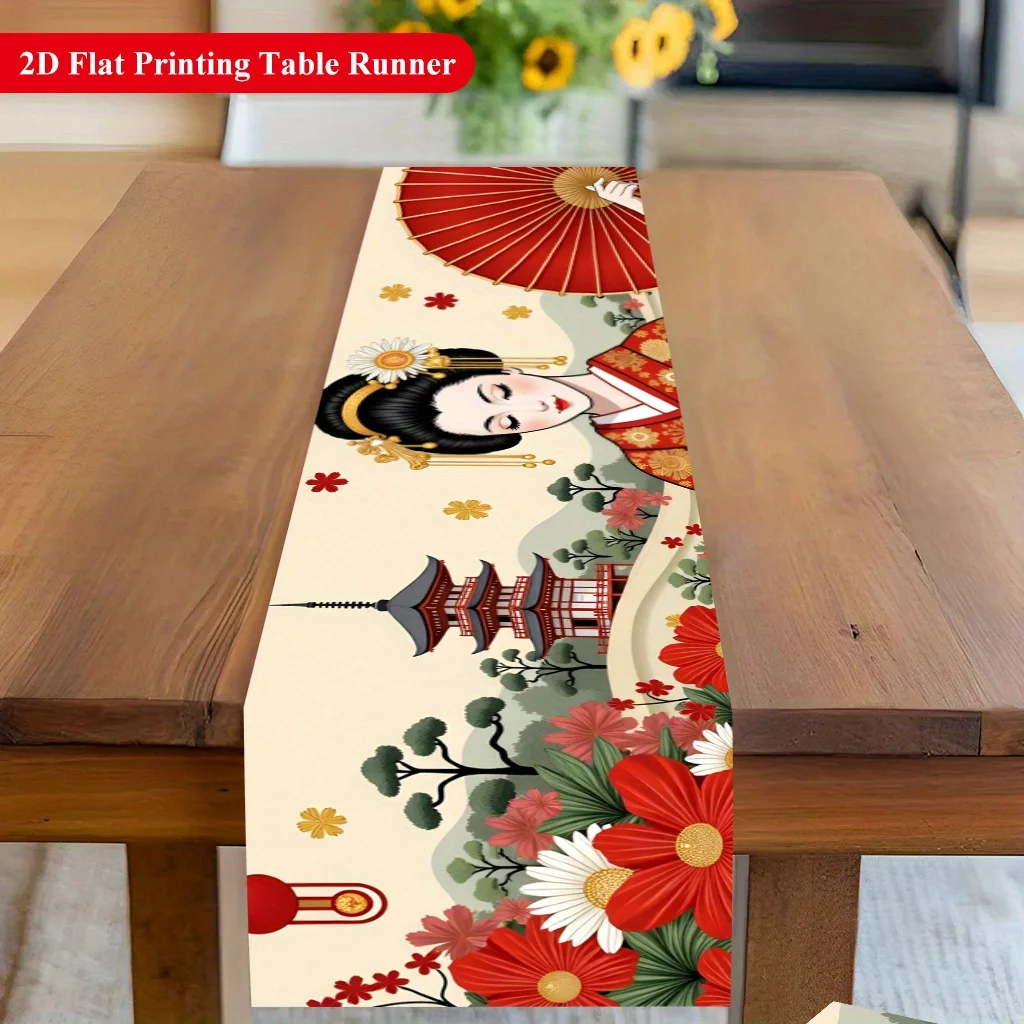 Traditional Geisha Kimono Pattern Table Runner - Vibrant Festive Decor for Dining & Coffee Tables, Home Parties & Holidays