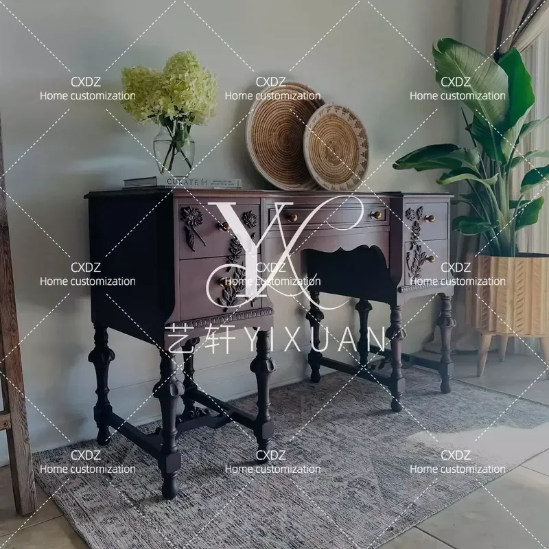 Retro Carved Solid Wood Dresser Korean Style Storage Table with Mirror Makeup Vanity Desk for Bedroom Adult Furniture