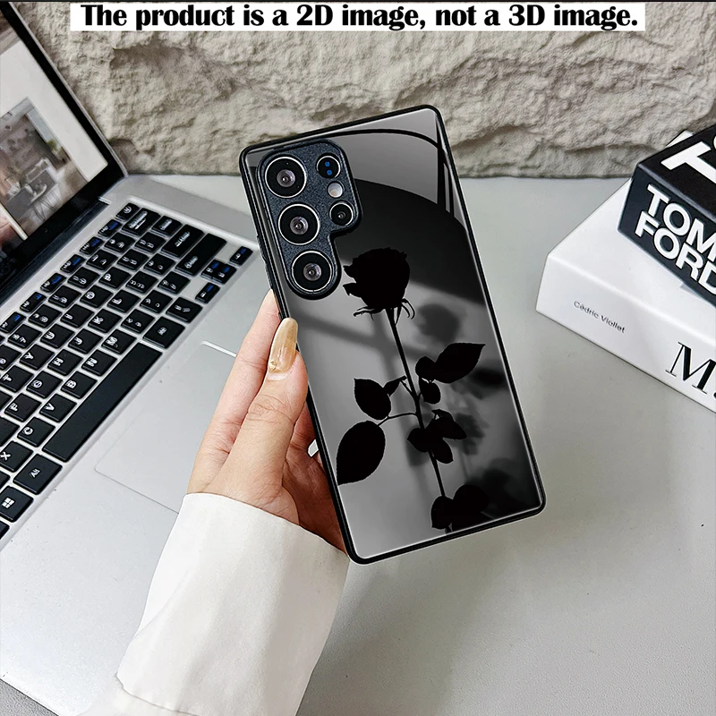 Rose Silhouette Light Shadow 2D Print Black Glass Phone Case for Samsung S & A Series, Full Coverage Shockproof Protective Cover