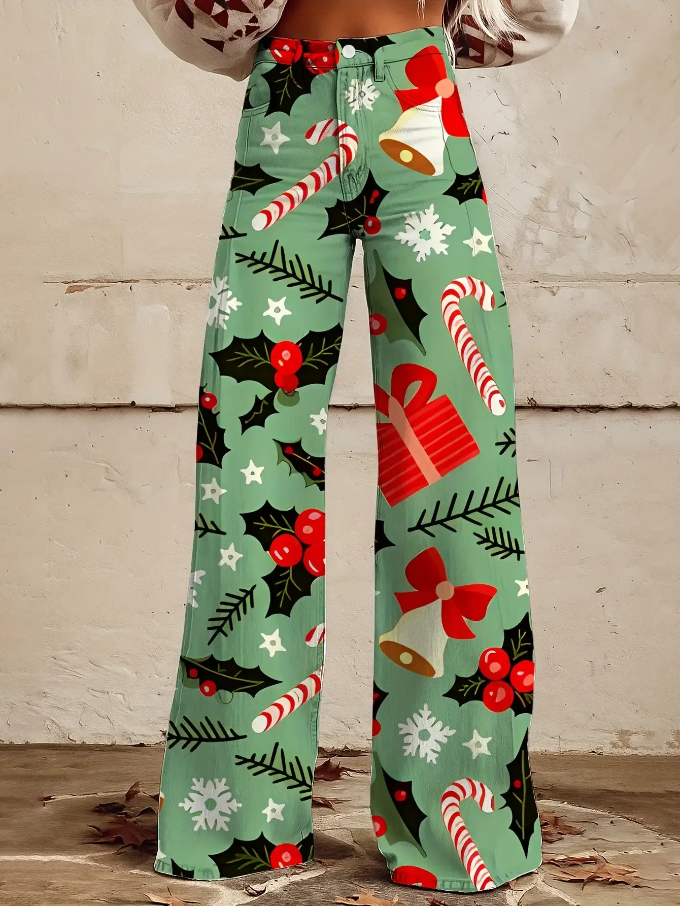 Christmas Gift Box Sweet Full Print Women's Loose Horn Imitation Jeans, with a denim craftsmanship,