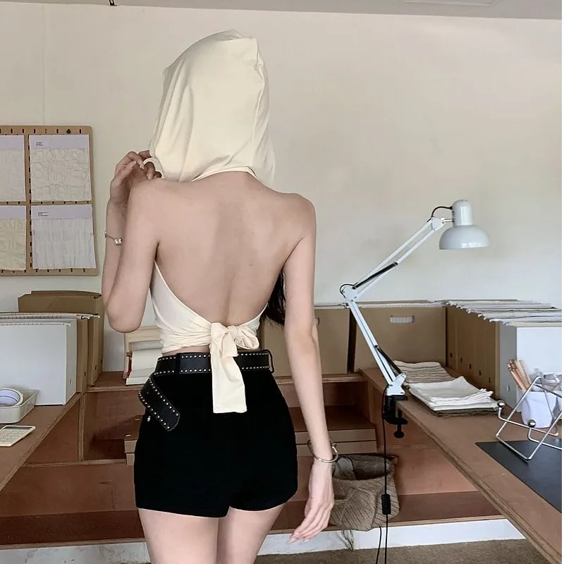 

Sweet Cool Spicy Backless Hoodie Women's Design Sense Pleated Sexy Sleeveless Top New Summer Short Style Slim Fit Universal Size