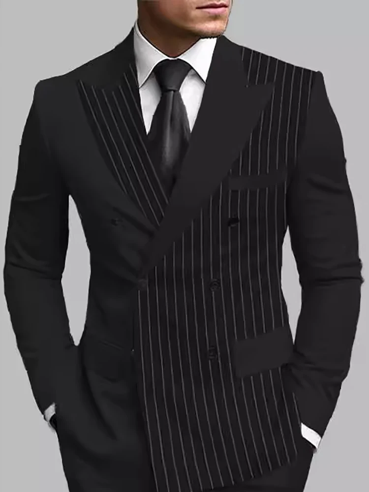 Men's Elegant Stripe Classic Printed Slit Tuxedo Suit Double-breasted Lapel Business Long Sleeve Blazer With Pockets Office Suit