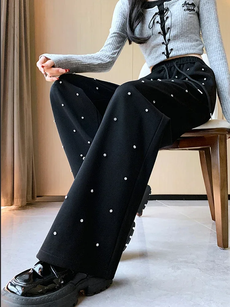 Heavy Industry Hot Diamond Wide Leg Pants for Women\'s Spring New Casual High Waist Loose Straight Tube Drop Floor Dragging Pants