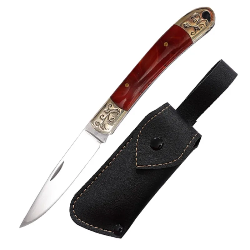 Brass + Resin Handle Camping Portable Pocket Knife Folding 5CR15 Steel Blade Survival Knife For Self Defense With Leather Bag