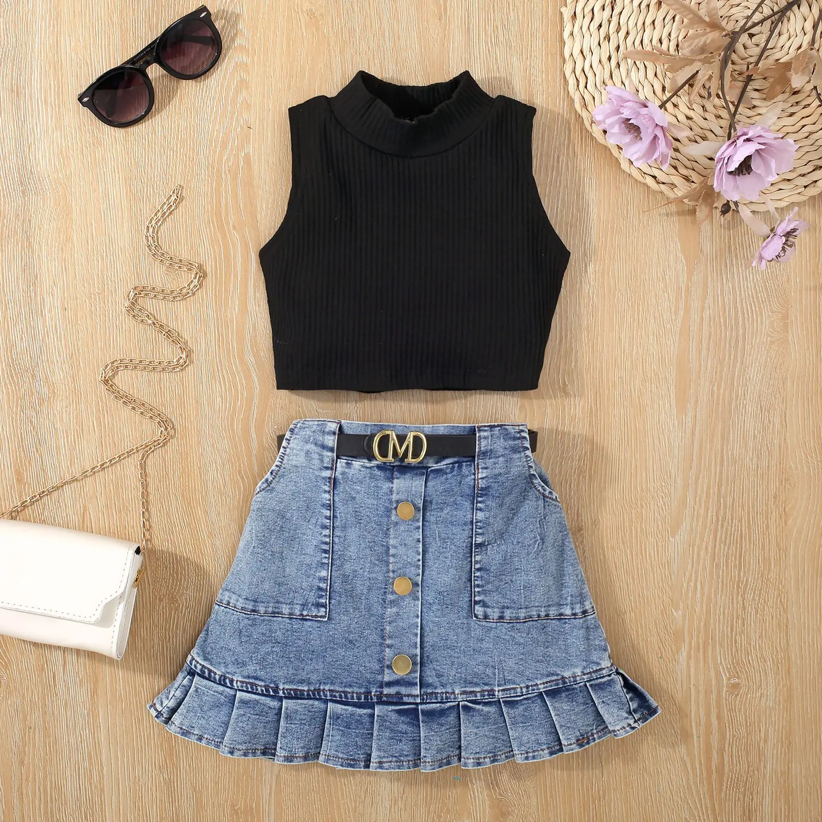 2Piece Sets Summer Kids Clothes Girl Fashion Cotton Sleeveless Black Baby Tops+Denim Skirt Children Boutique Clothing BC1091