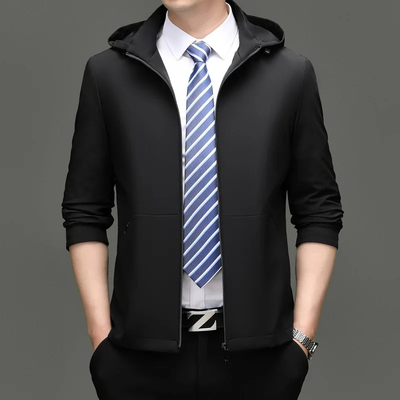 

Мужское шелковое пальто-куртка для весны и осени, повседневное, деловое, с капюшоном, не требующее глажки, из полиэстера, приталенного кроя, с длинными рукавами, для мужчин среднего возраста