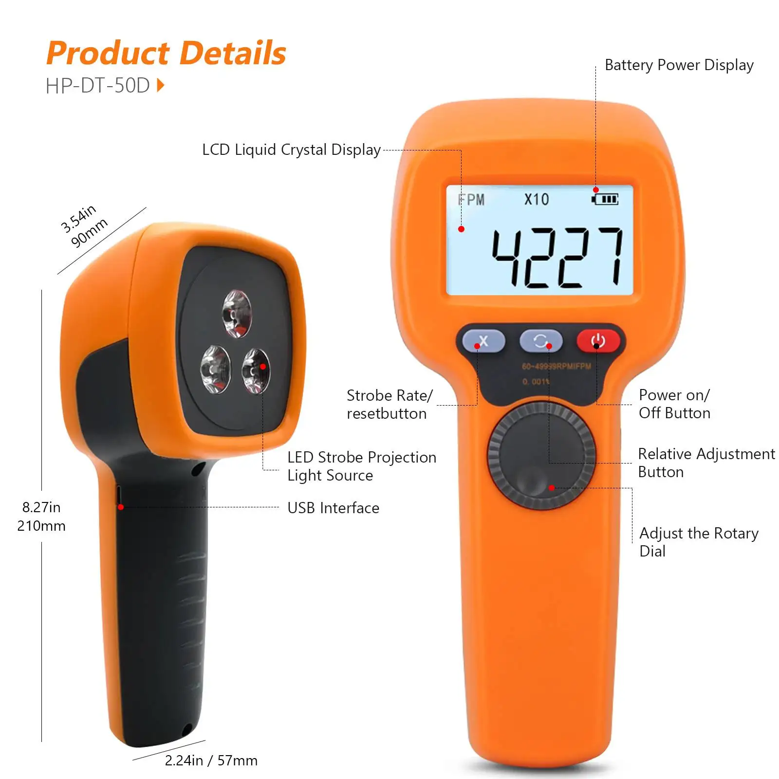 Digital Handheld Stroboscope Measuring 60-49999 RPM Non Contact Strobe Tachometer, High Accuracy 0.001% Rechargeable Tachometer